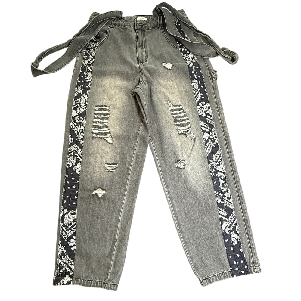 Easel Los Angeles Medium Distressed Denim Overalls Bandana Paisley Jeans